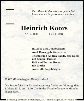 Traueranzeige von Heinrich Koors von Die Harke