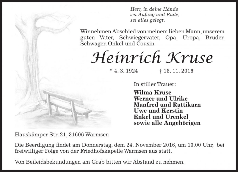 Traueranzeige für Heinrich Kruse vom 21.11.2016 aus Die Harke