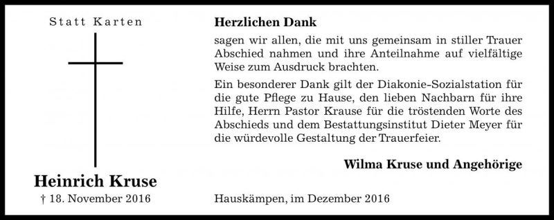  Traueranzeige für Heinrich Kruse vom 31.12.2016 aus Die Harke