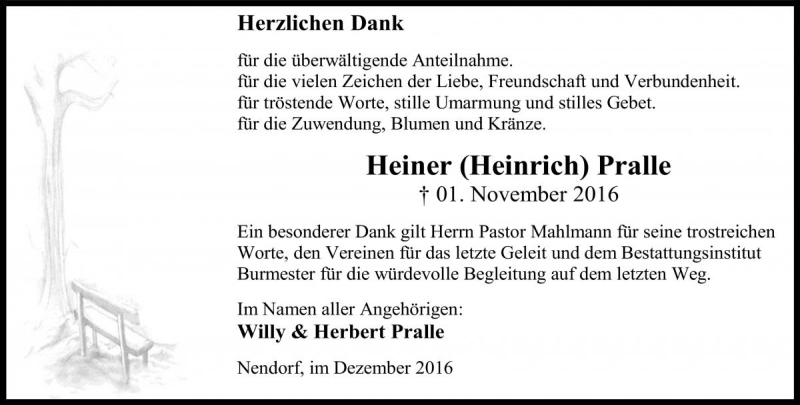  Traueranzeige für Heinrich Pralle vom 03.12.2016 aus Die Harke