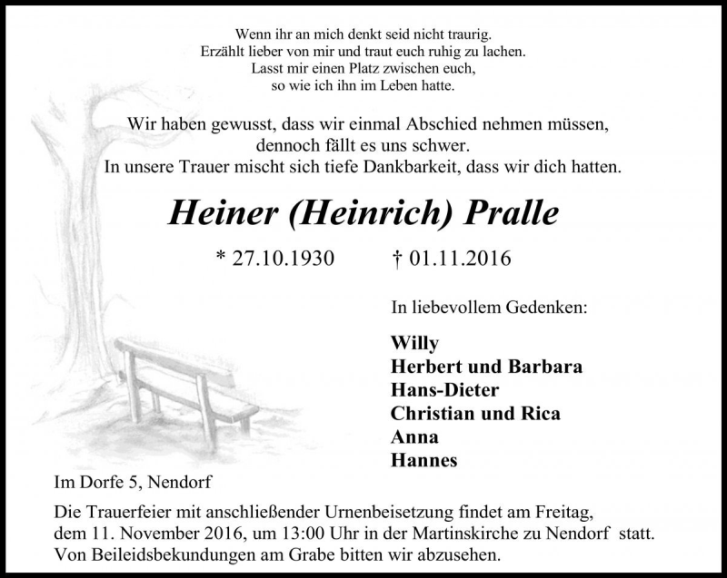  Traueranzeige für Heinrich Pralle vom 05.11.2016 aus Die Harke