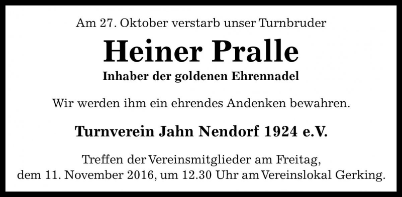  Traueranzeige für Heinrich Pralle vom 08.11.2016 aus Die Harke