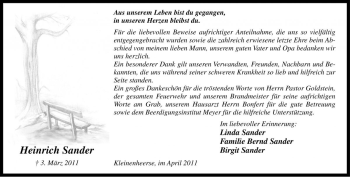Traueranzeige von Heinrich Sander von Die Harke