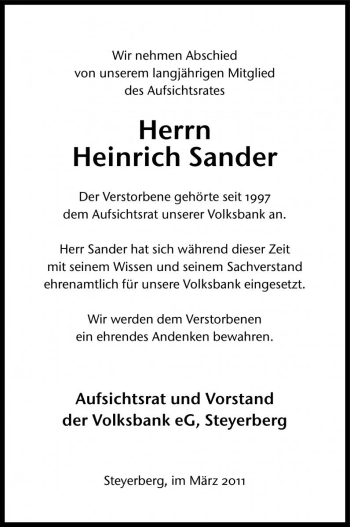 Traueranzeige von Heinrich Sander von Die Harke