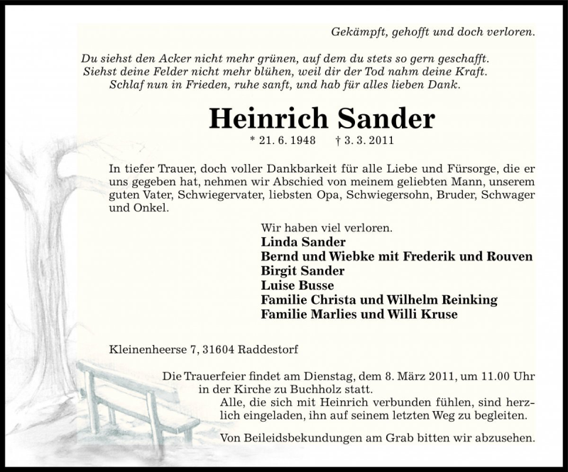  Traueranzeige für Heinrich Sander vom 05.03.2011 aus Die Harke