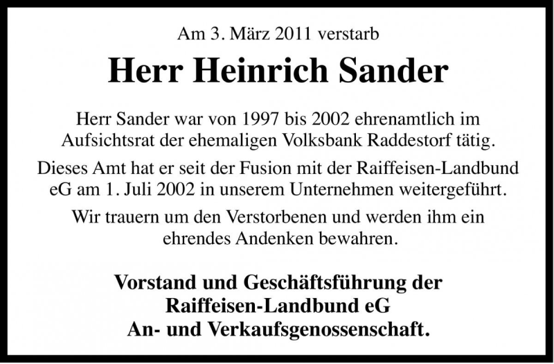  Traueranzeige für Heinrich Sander vom 07.03.2011 aus Die Harke