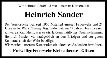 Traueranzeige von Heinrich Sander von Die Harke