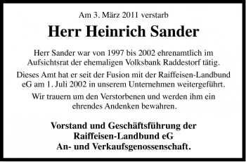 Traueranzeige von Heinrich Sander von Die Harke