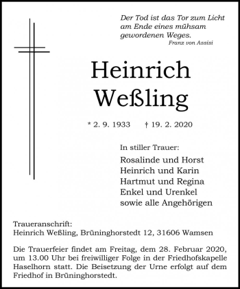 Traueranzeige von Heinrich Weßling von Die Harke