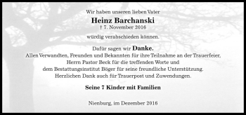Traueranzeige von Heinz Barchanski von Die Harke