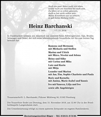 Traueranzeige von Heinz Barchanski von Die Harke