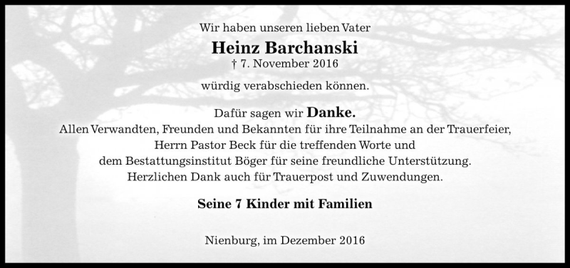  Traueranzeige für Heinz Barchanski vom 03.12.2016 aus Die Harke