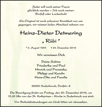 Traueranzeige von Heinz-Dieter Detmering von Die Harke