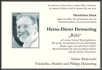Traueranzeige von Heinz-Dieter Detmering von Die Harke