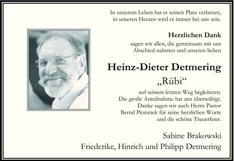  Traueranzeige für Heinz-Dieter Detmering vom 28.01.2017 aus Die Harke