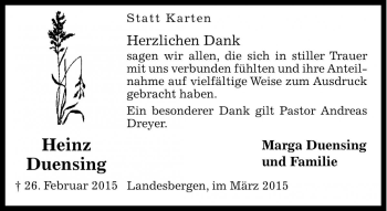 Traueranzeige von Heinz Duensing von Die Harke