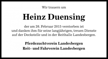 Traueranzeige von Heinz Duensing von Die Harke