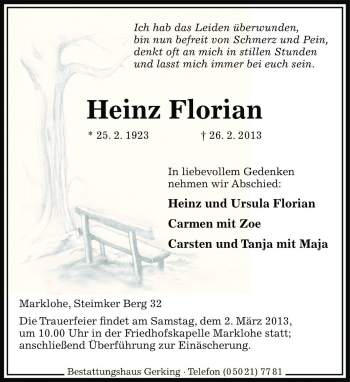 Traueranzeige von Heinz Florian von Die Harke