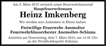 Traueranzeige von Heinz Imkenberg von Die Harke