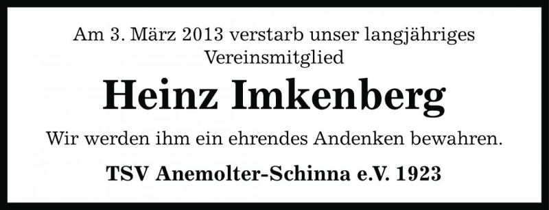  Traueranzeige für Heinz Imkenberg vom 06.03.2013 aus Die Harke