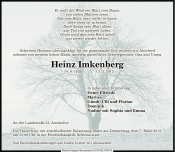 Traueranzeige von Heinz Imkenberg von Die Harke