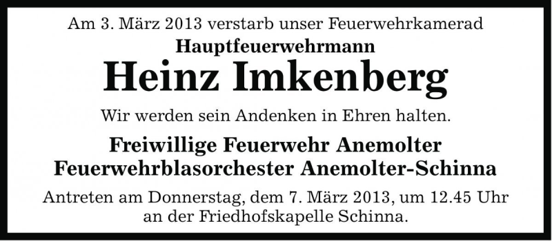  Traueranzeige für Heinz Imkenberg vom 05.03.2013 aus Die Harke