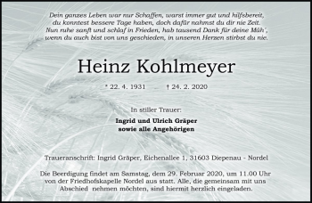 Traueranzeige von Heinz Kohlmeyer von Die Harke