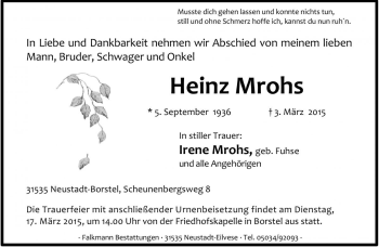 Traueranzeige von Heinz Mrohs von Die Harke