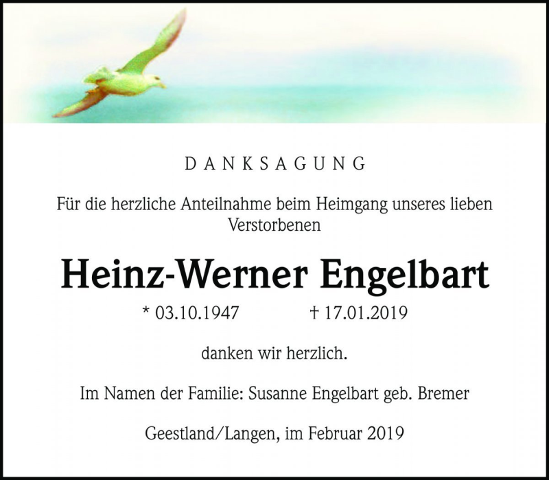  Traueranzeige für Heinz-Werner Engelbart vom 16.02.2019 aus Die Harke