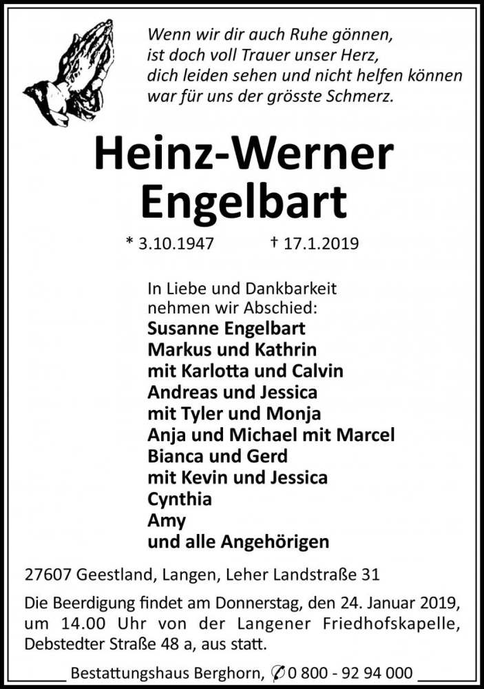  Traueranzeige für Heinz-Werner Engelbart vom 22.01.2019 aus Die Harke