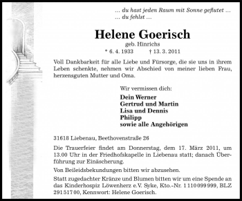 Traueranzeige von Helene Goerisch von Die Harke