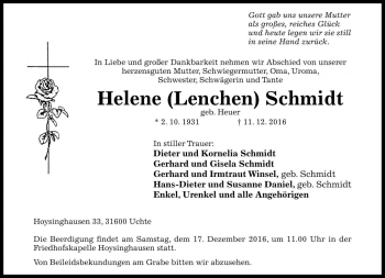 Traueranzeige von Helene Schmidt von Die Harke