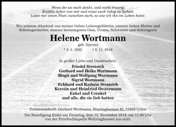Traueranzeige von Helene Wortmann von Die Harke