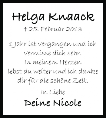 Traueranzeige von Helga Knaack von Die Harke