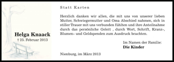 Traueranzeige von Helga Knaack von Die Harke