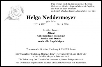 Traueranzeige von Helga Neddermeyer von Die Harke