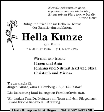 Traueranzeige von Hella Kunze von Die Harke