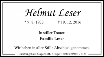 Traueranzeige von Helmut Leser von Die Harke