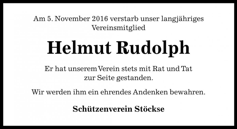  Traueranzeige für Helmut Rudolph vom 17.11.2016 aus Die Harke