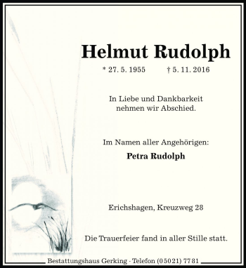 Traueranzeige von Helmut Rudolph von Die Harke