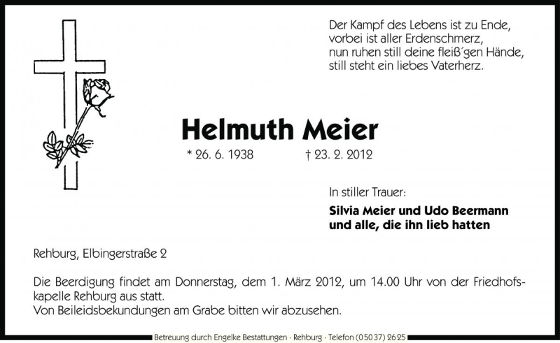  Traueranzeige für Helmuth Meier vom 25.02.2012 aus Die Harke