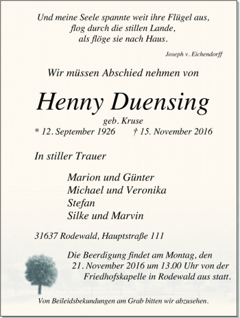Traueranzeige von Henny Duensing von Die Harke