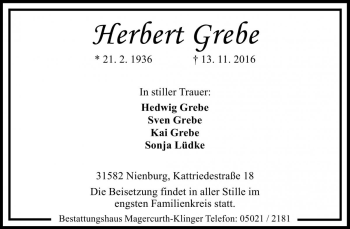 Traueranzeige von Herbert Grebe von Die Harke