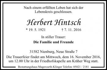 Traueranzeige von Herbert Hintsch von Die Harke