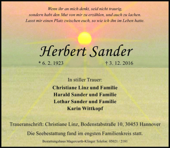 Traueranzeige von Herbert Sander von Die Harke