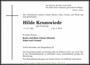 Traueranzeige von Hilde Krumwiede von Die Harke