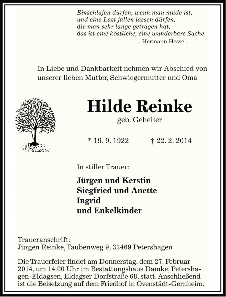  Traueranzeige für Hilde Reinke vom 24.02.2014 aus Die Harke