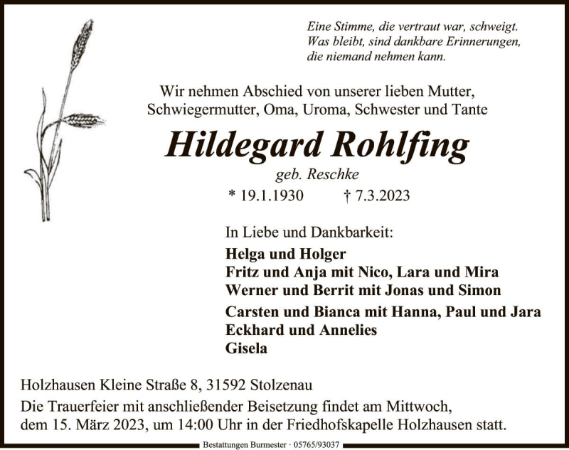  Traueranzeige für Hildegard Rohlfing vom 11.03.2023 aus Die Harke