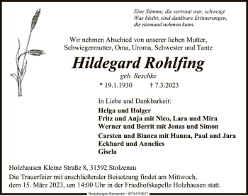 Traueranzeige von Hildegard Rohlfing von Die Harke