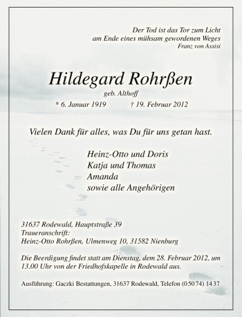 Traueranzeige von Hildegard Rohrßen von Die Harke